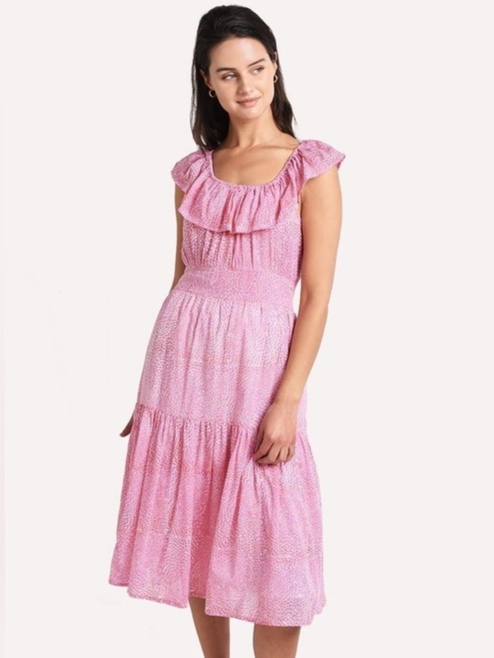 Oliphant Dress Ruffle Neck Midi in Pebble Lilac Orange